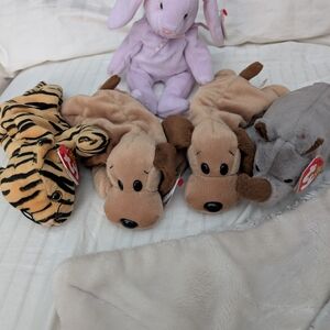 Ty Plush Set - Lavender Bunny, Tan Dogs, Tiger Stripe, Gray Hippo